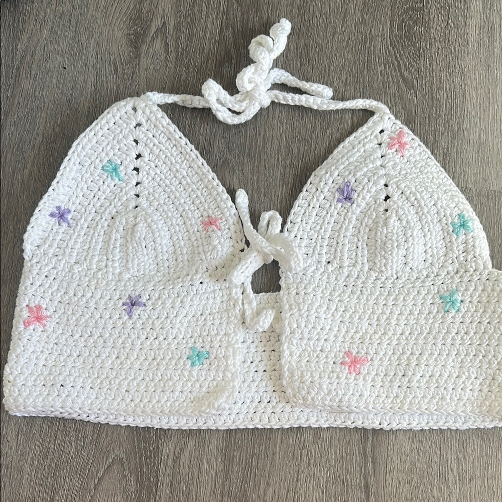 Handmade White Crochet Halter Top with Pastel Accents